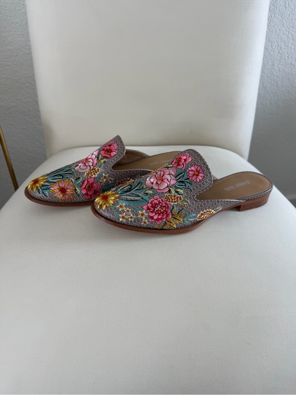 Johnny Was Floral Embroidered Slip-On Mules - Pink & Teal & Yellow
